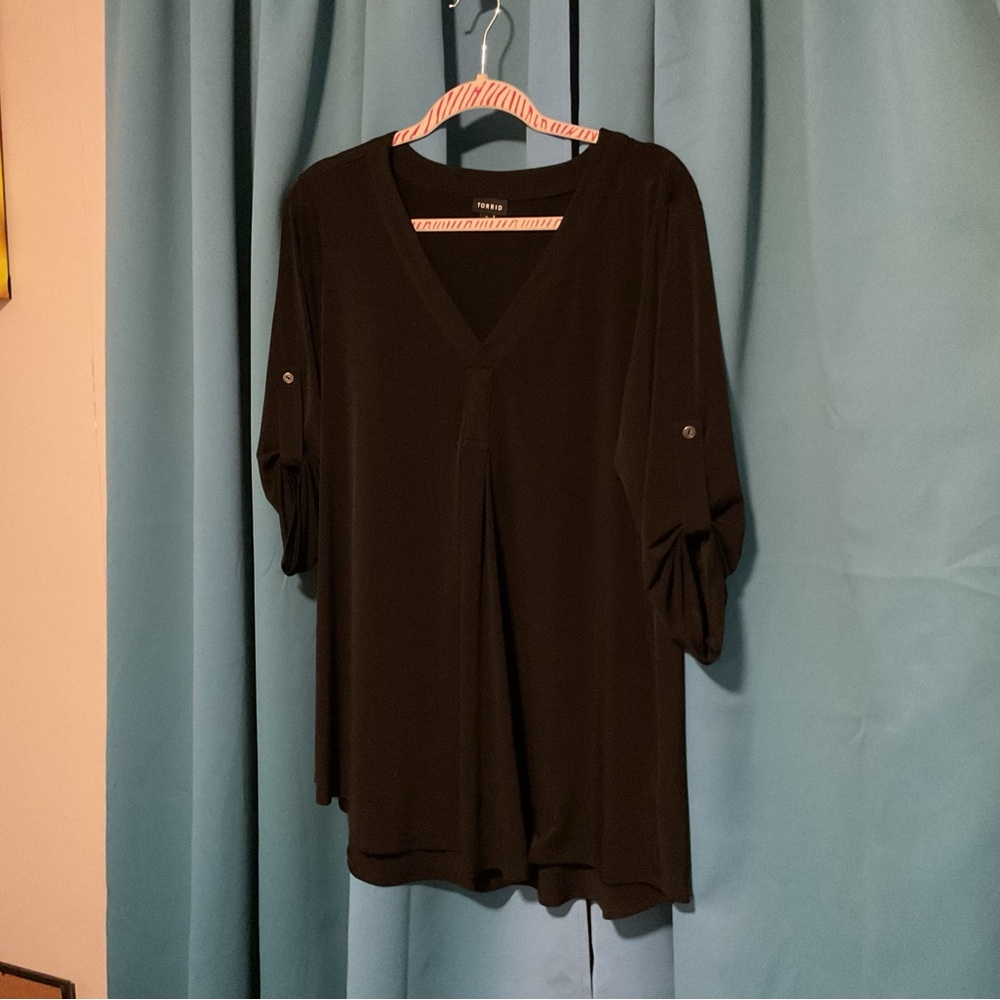 Torrid Black V-Neck Blouse with Buttoned Sleeves